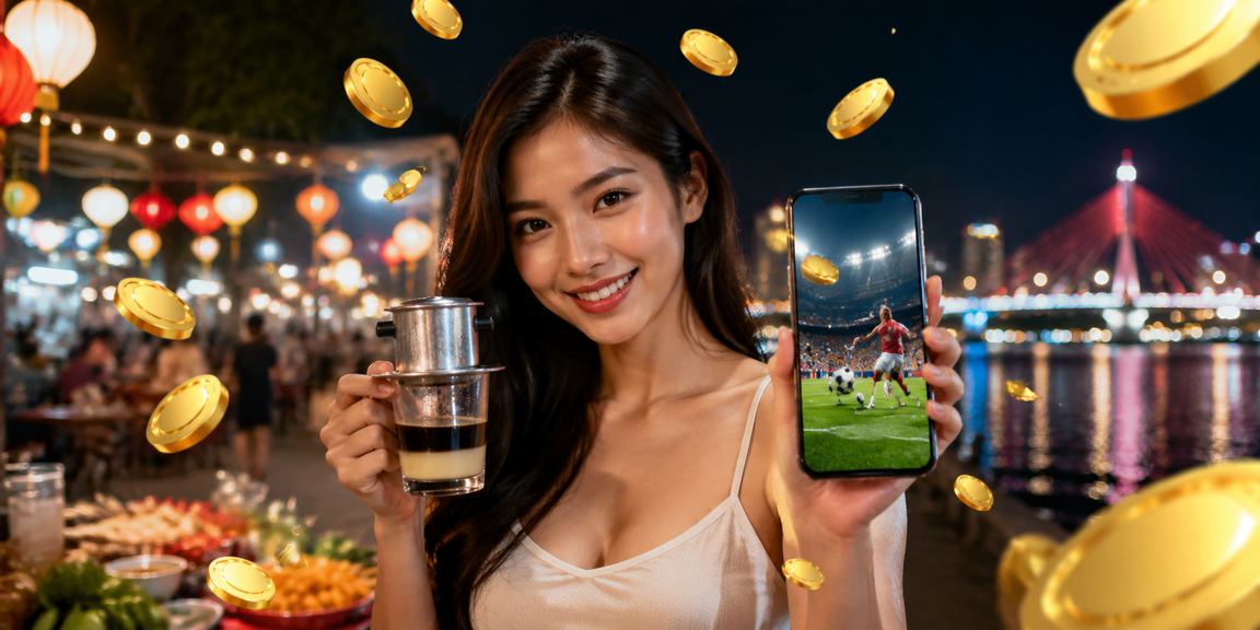 Người dùng tại Đà Nẵng xem kèo thể thao và kiểm tra voucher bên ly cà phê sáng